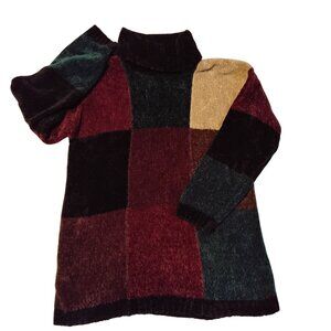 Vintage Bentley Patchwork Sweater Large Multicolor Turtleneck Long Sleeve Retro